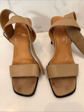 Hermes Taupe Leather Strappy Block Heel Sandals